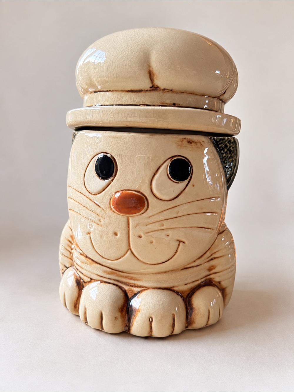 Vintage Ceramic Cat Cookie Jar – Beret Hat, Cream & Brown Glaze